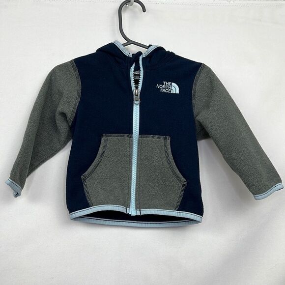 The North Face blue and gray hooded fleece full zip jacket size 6-12 months EUC - Picture 1 of 9